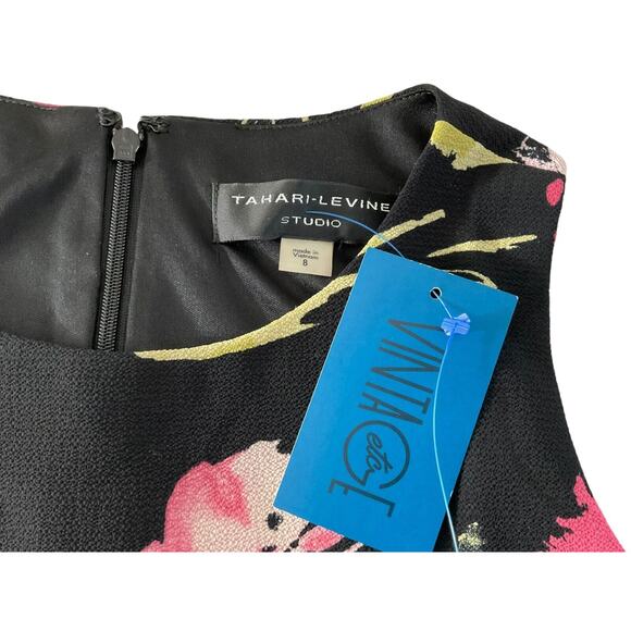 Tahari-Levine Studio Floral Cold Shoulder Sheath Dress 8 Black Pink Green - Picture 5 of 11